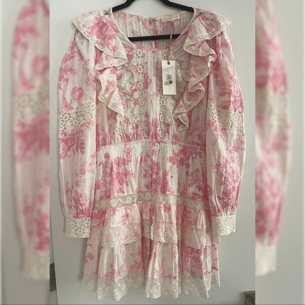 Love Shack Fancy Santorini Dress Cotton Pink Cream XL NWT